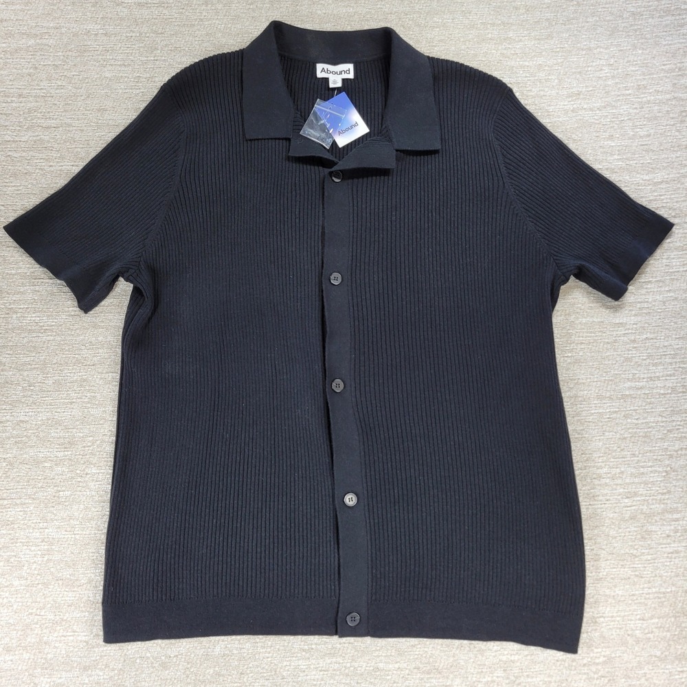Abound Ribbed Knit Button Up Shirt XL Mens Black Collar Short Sleeve Casual NEW